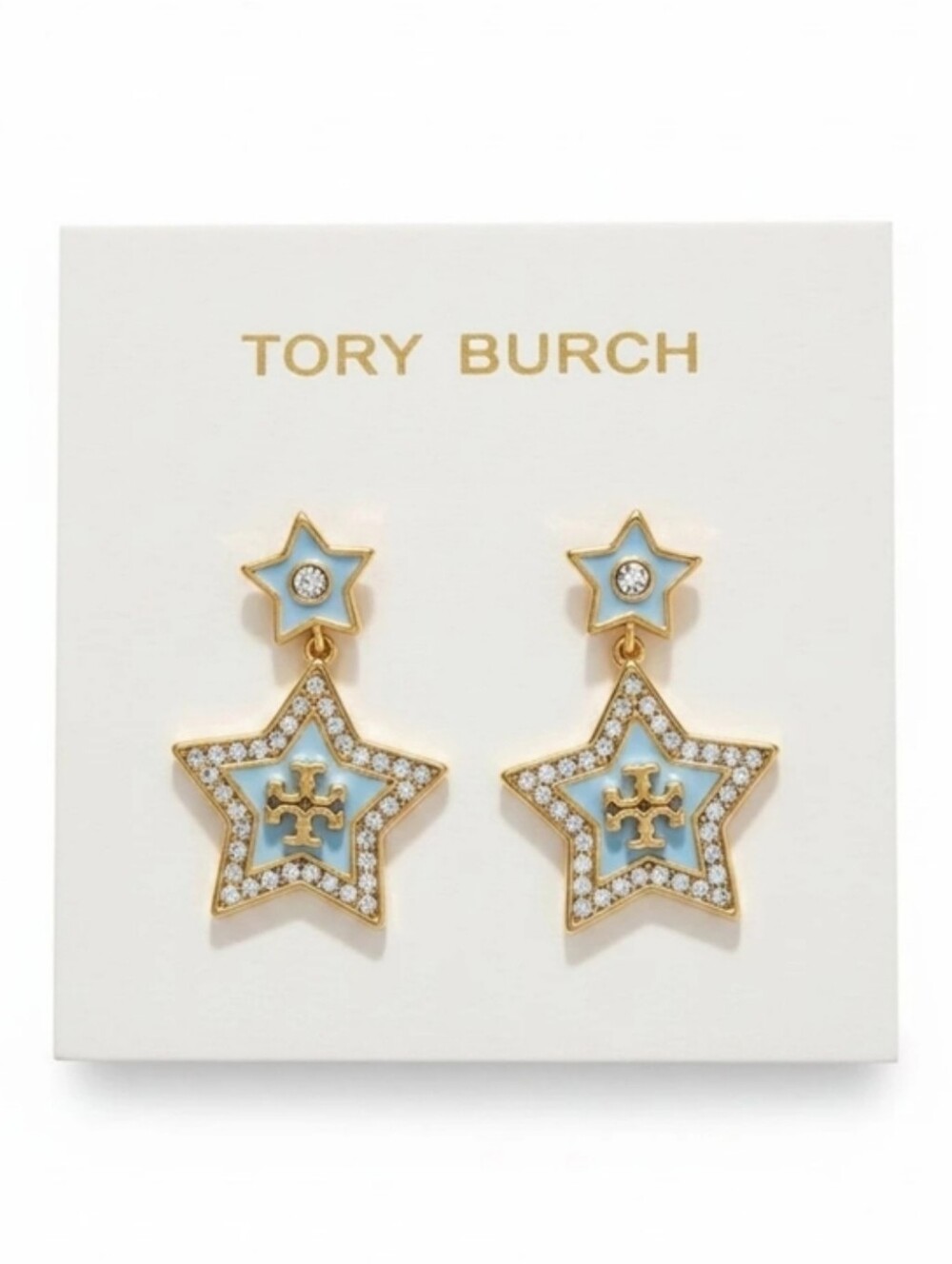 Tory Burch Light Blue Enamel & Gold Star Stud Earrings with Crystal